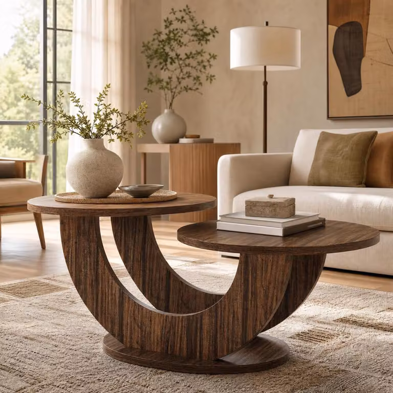 Tavolino rotondo in legno, tavolino da salotto a 2 piani in stile rustico, struttura a forma di U, piano doppio con spazio di stoccaggio aperto, colore marrone rustico