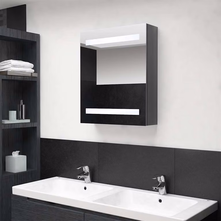 Armadietto da bagno moderno vidaXL con specchio e illuminazione LED, Grigio Lucido, L 50 cm x P 14 cm x H 60 cm