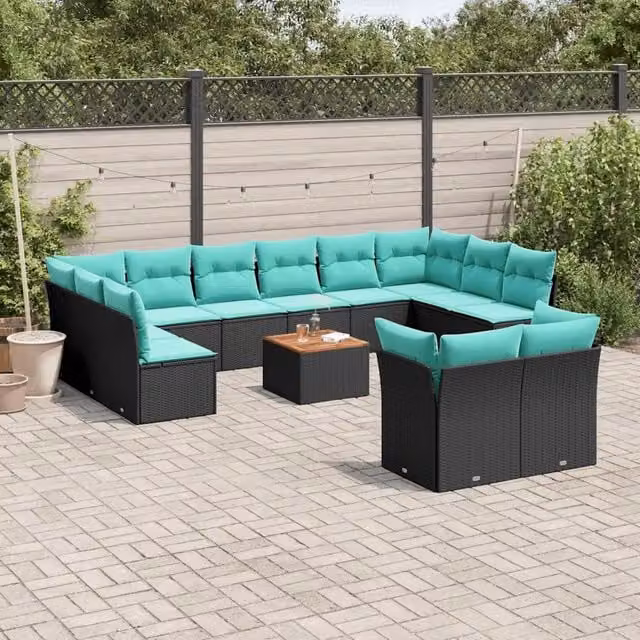 Set di Divani da Giardino vidaXL a Forma di U in Polyrattan con Cuscini e Tavolino da Caffè, Colore Nero, Blu o Turchese – 1