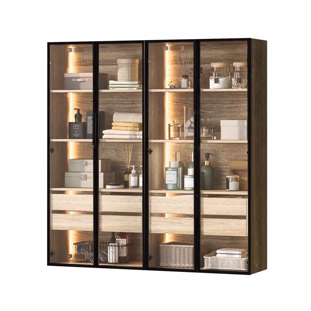 Set di 2 mobili contenitore FOLYNA con LED colorati, ante in vetro satinato e cassetti interni, finitura MDF naturale beige e marrone, L: 74 cm, P: 36 cm, H: 155 cm – 2