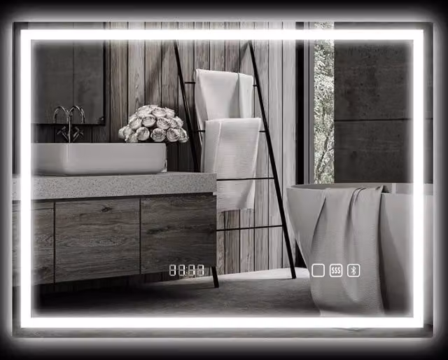 Specchio bagno LED ULEVR con Bluetooth, orologio digitale, funzione antiappannamento e luce regolabile, argento