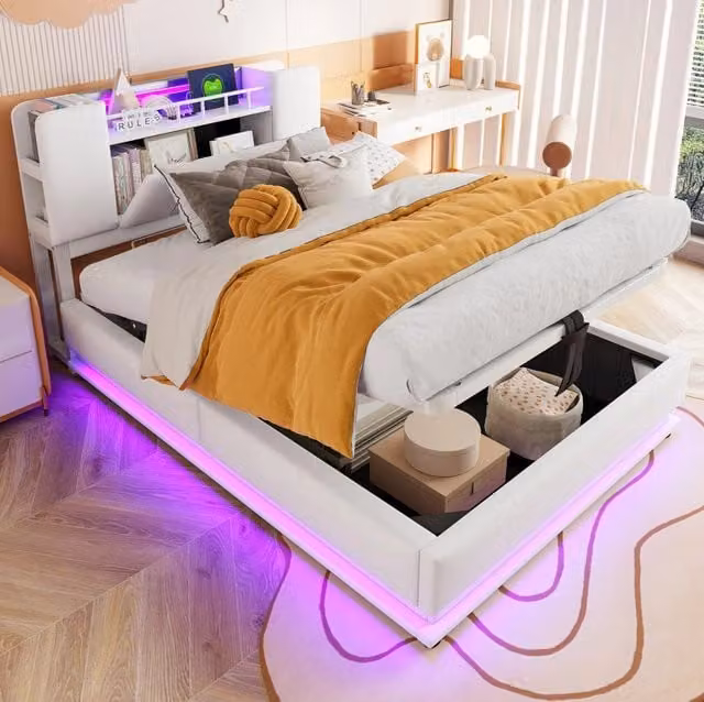 Letto imbottito per bambini 90x200 cm con LED; USB e contenitore idraulico; beige