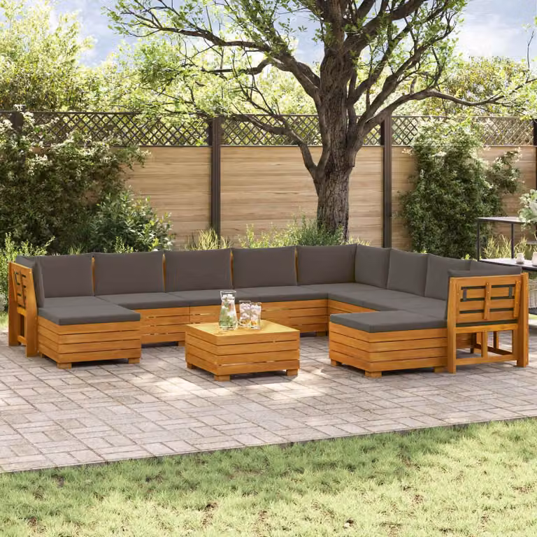 Set di divani da esterno vidaXL 11 pz in legno di acacia massello marrone con cuscini grigi e tavolino coordinato per giardino e terrazzo
