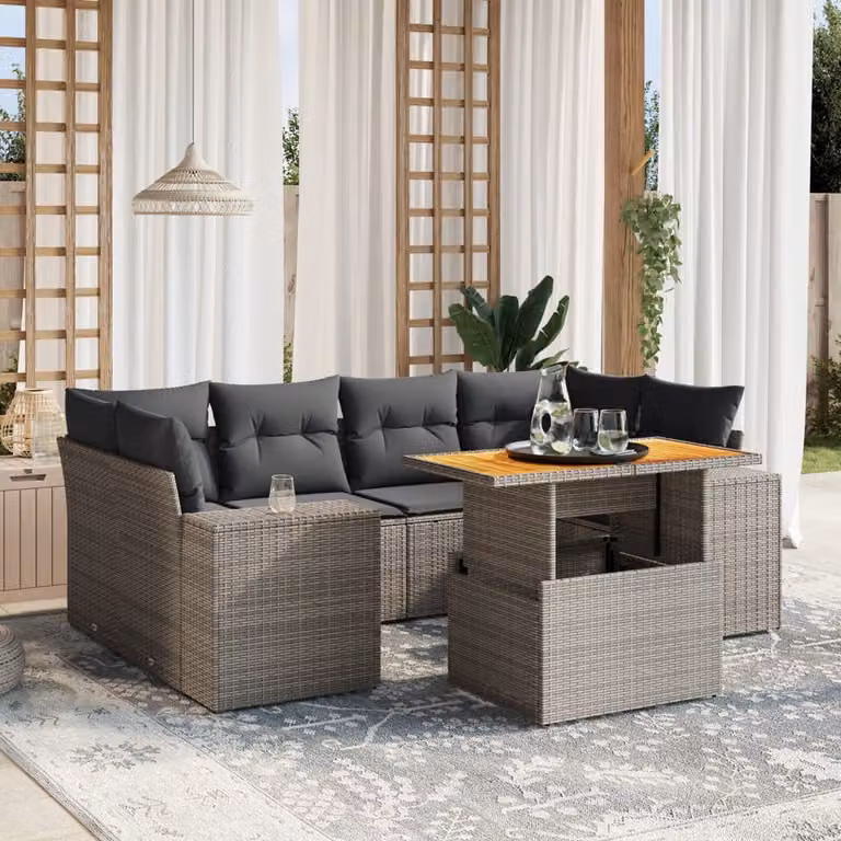 Set di divani da giardino vidaXL a forma di L composto da 7 pezzi in polyrattan grigio con cuscini inclusi