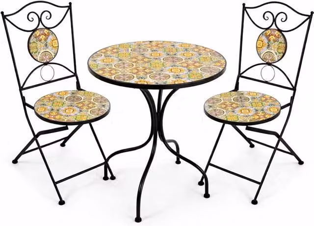 Set da giardino Ma Maison composto da tavolo rotondo e 2 sedie con effetto mosaico multicolore in acciaio verniciato e MDF, ideale per balcone e terrazzo