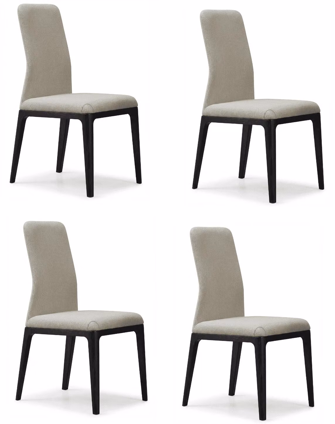 Set di 4 sedie da pranzo di design, colore beige, struttura in legno massello, finitura scura