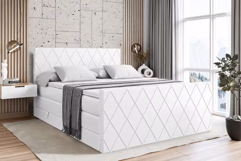 Letto boxspring ALTDECOR con materasso e rete a doghe - LEPARO -Z KING - 140x200 cm - Pelle finta bianca - Coprimaterasso, pediera, letto imbottito con contenitore, letto con vano portaoggetti H3 e H4 - Materasso, letto matrimoniale, letto boxspring