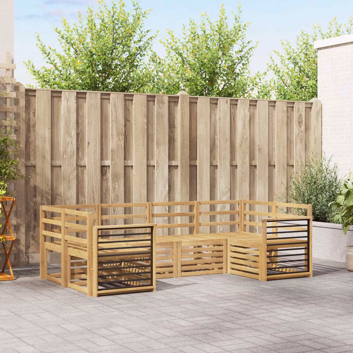 Set di divani da esterno vidaXL in legno di acacia massello con cuscini bianchi, composizione a L da 6 pezzi per giardino e terrazzo