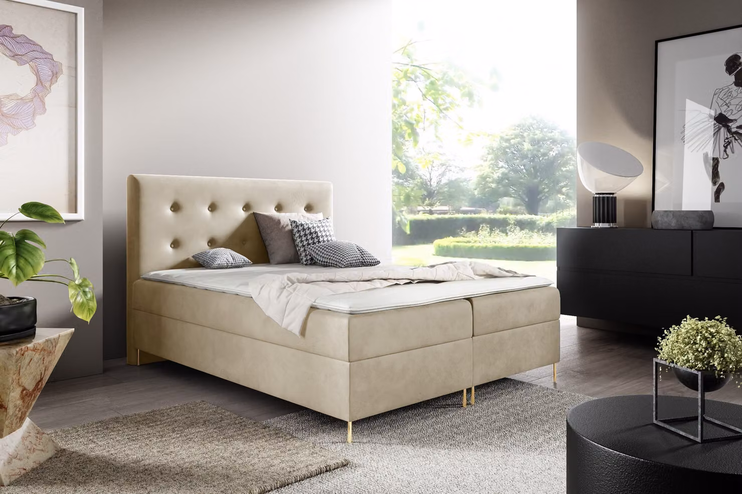GUTTO box spring letto LOUI 180 x 200cm 2x letto TOPPER 5cm libero Beige velour gambe alte dorate