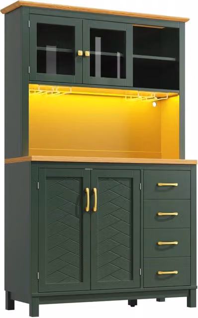 Buffet stile country con 4 ante, LED integrato e porta bottiglie, 105,5x40x180 cm, verde/nero/bianco