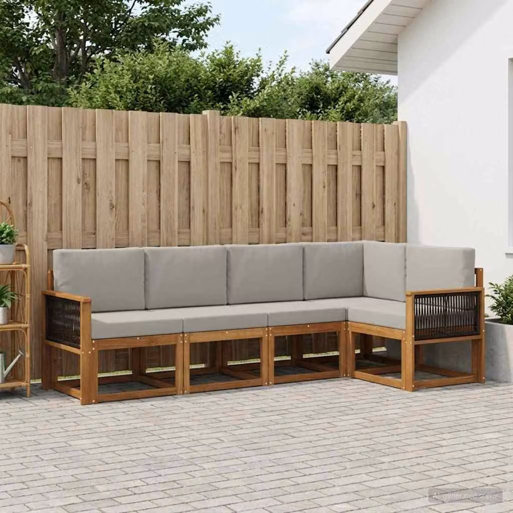vidaXL Set di divani da esterno a L composto da 7 pezzi in legno di acacia con cuscini beige e grigi