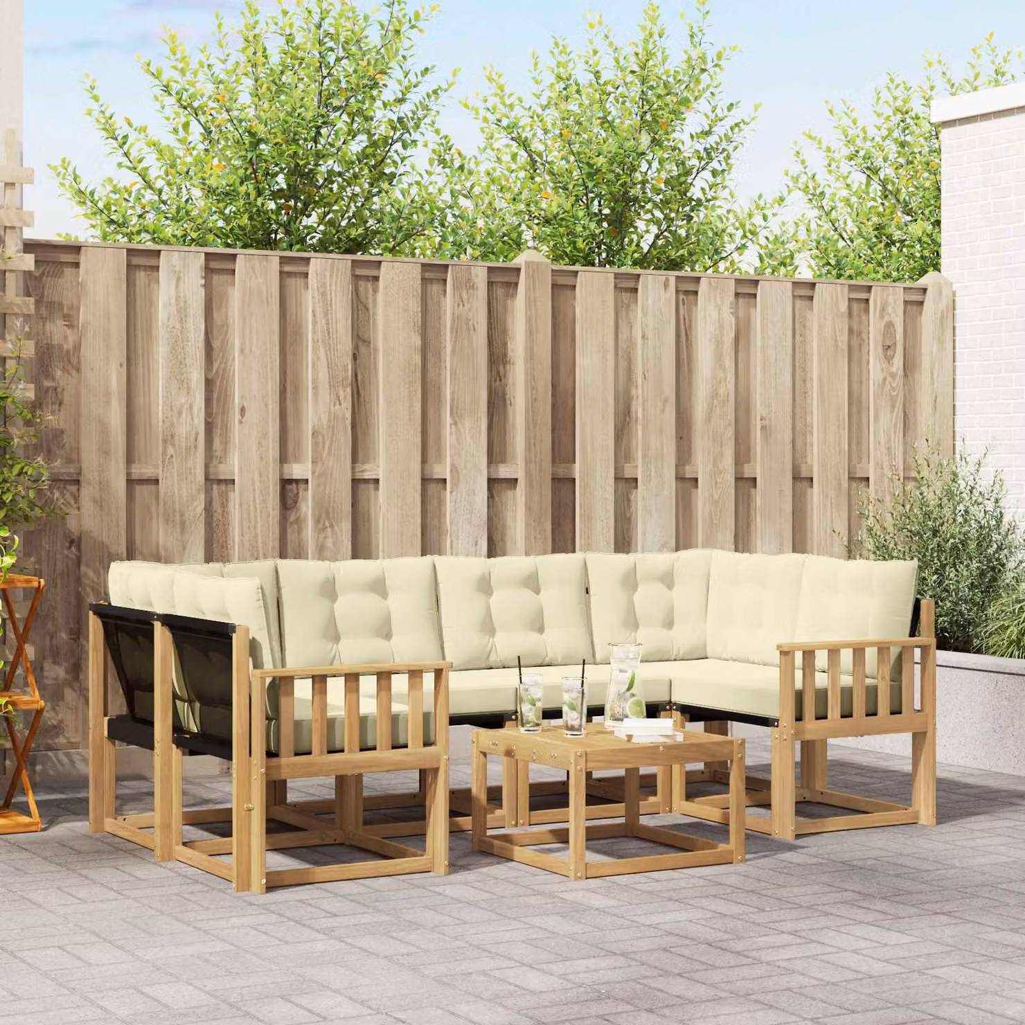 Set di divani da esterno vidaXL 7 pz a forma di L in legno di acacia con tavolino da caffè, colore bianco e beige