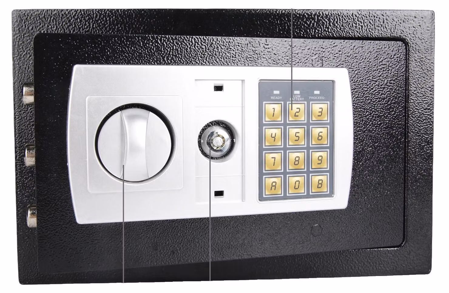 Cassaforte elettronica digitale, capacità 8,5 litri, struttura in acciaio, sistema di accesso duale, porta resistente allo scasso, cerniere nascoste