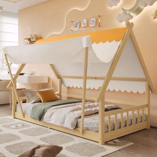Letto per bambini singolo 90 × 200 cm con tenda removibile, barriere laterali, senza materasso, bianco naturale
