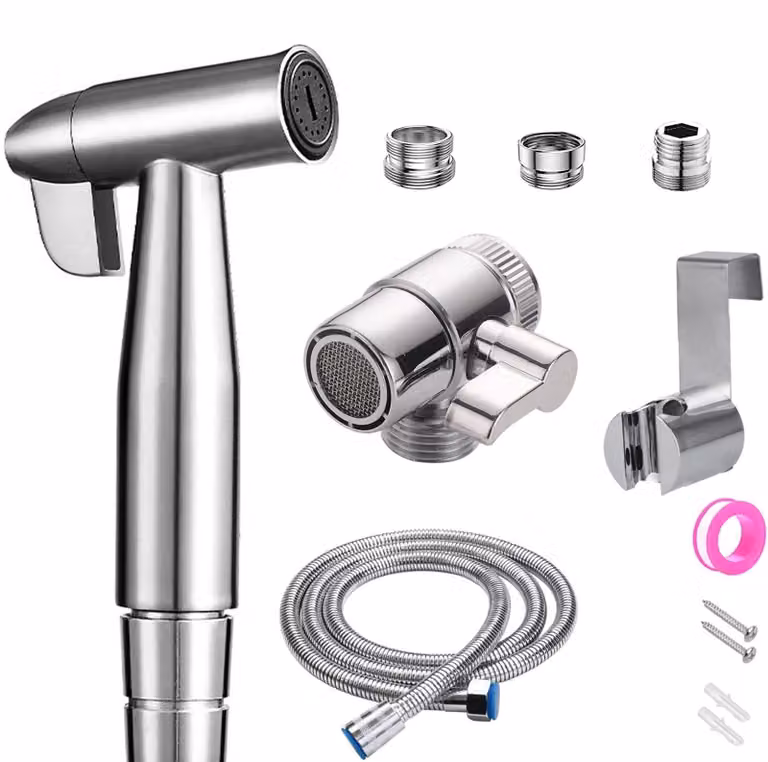 Set completo per bidet con doccetta manuale in acciaio inossidabile, inclusi tubo flessibile e supporto a parete