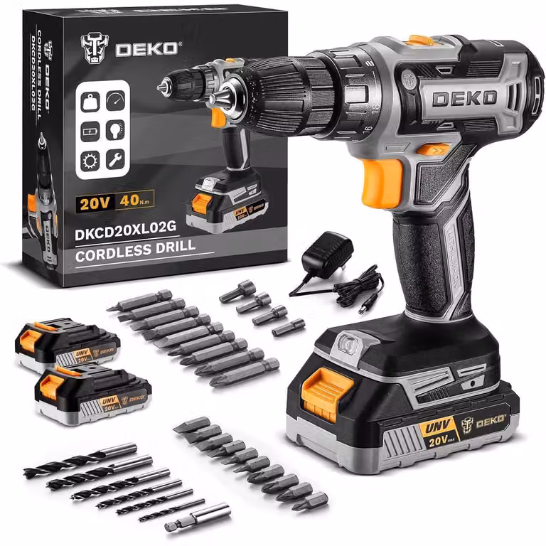 Set di avvitatori a batteria da 20V, 40Nm, con 2 batterie, ricarica rapida in 60 minuti, 30 accessori inclusi, colore grigio