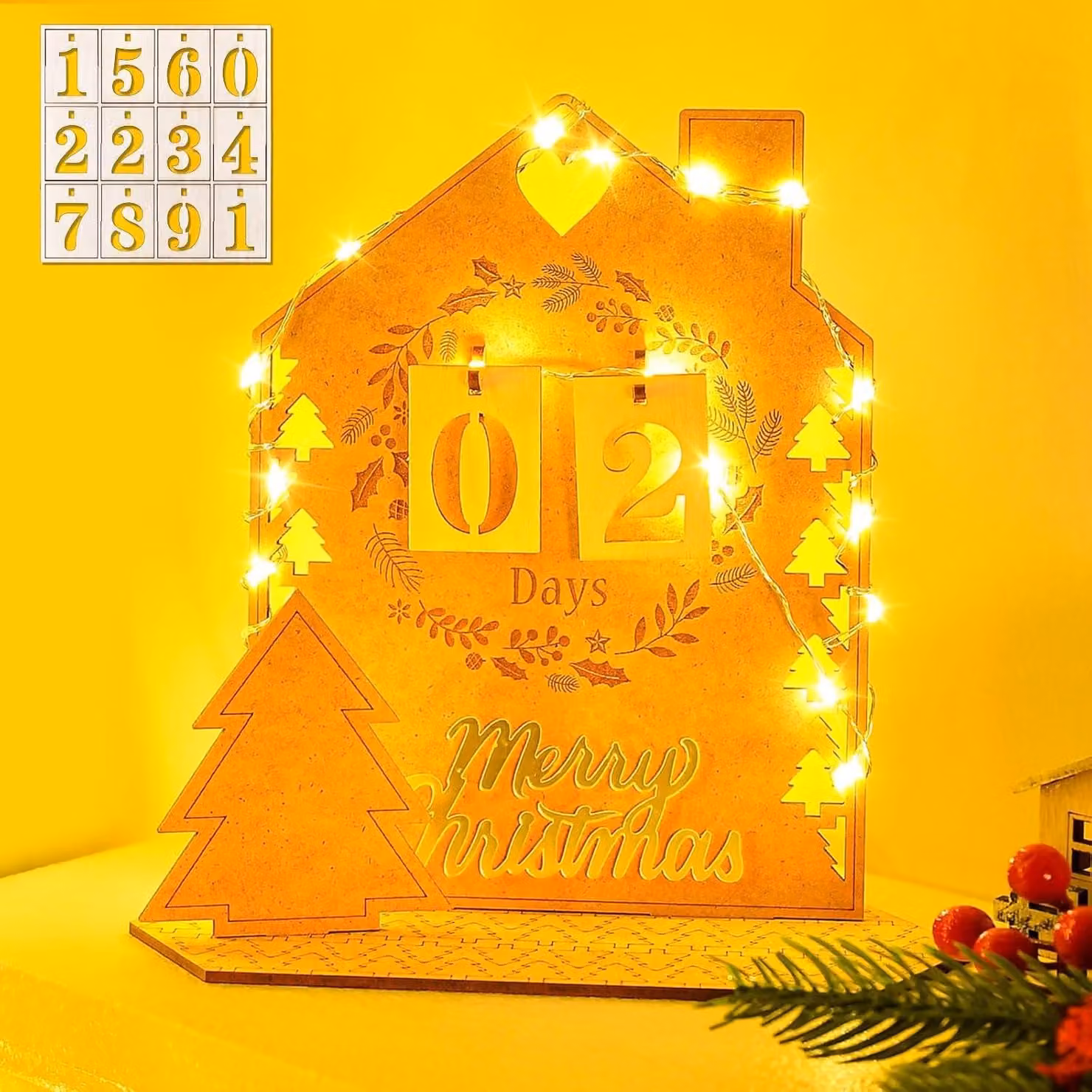 Calendario dell'Avvento in legno con luci a LED - Calendario per contare i giorni fino a Natale (24 giorni) - Decorazione da scrivania - Decorazione natalizia - Legno - Decorazione - Regali