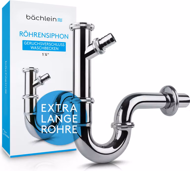 Sifone tubolare universale Bächlein [extra lungo] per lavabo e lavabo - con attacco per apparecchio - cromo