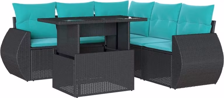 set di 6 divani da giardino con cuscini, in polyrattan nero