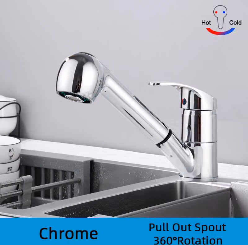 Rubinetto da cucina con bocca orientabile a 360°, miscelatore per lavello con acqua calda e fredda, con doccetta a scomparsa e finitura cromata, rubinetto cromato