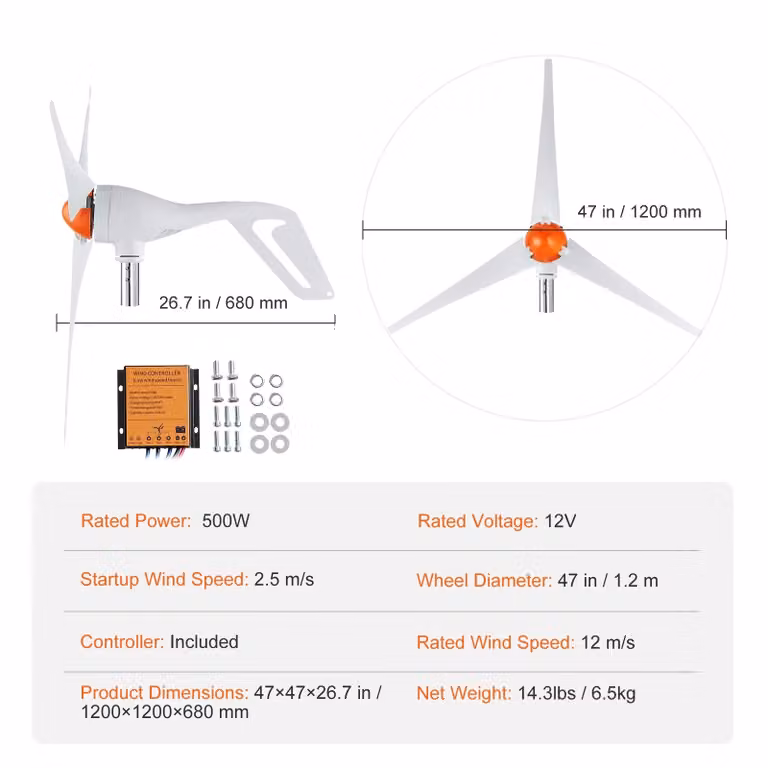 Generatore eolico, potenza 500W, diametro ruota 47 pollici, 12V 500W 3 pale