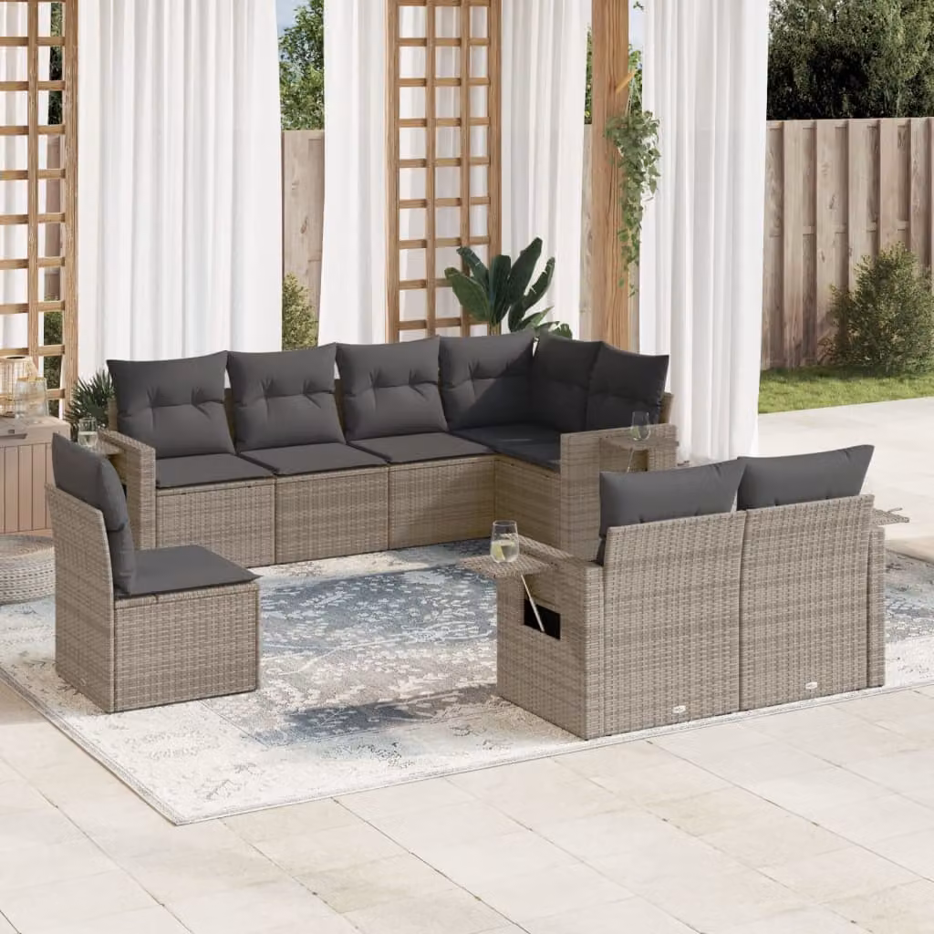 vidaXL Set Divano da Giardino a L 8 pz in Polyrattan Grigio con Cuscini Imbottiti e Coperture Rimosse – 1