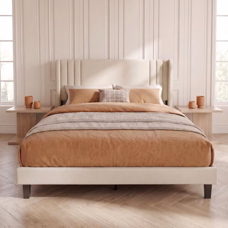 Letto imbottito INONEFT, dimensioni 140x200 cm, con rete a listelli, testiera imbottita e rivestimento in lino. Letto singolo o matrimoniale, realizzato in legno e metallo, colore beige