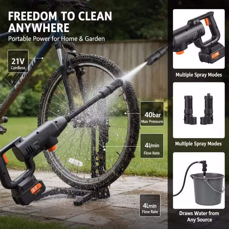 Idropulitrice senza fili - Idropulitrice a batteria - Pressione: 40 bar - Batteria: 21V 4,0 Ah - Portata: 4 litri/minuto - Portatile, ideale per auto e giardino - Colore: nero