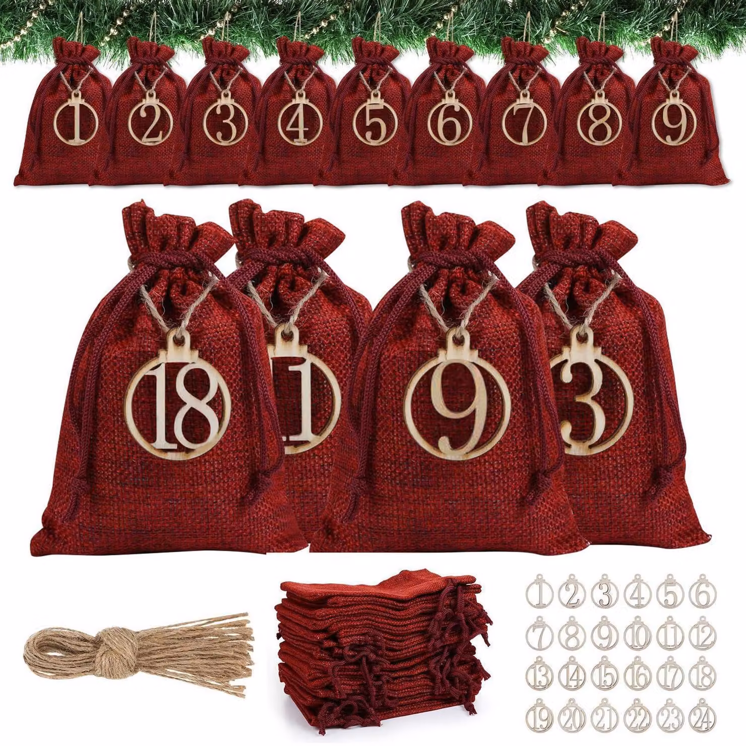 Calendario dell'Avvento da riempire, 24 sacchetti con decorazioni in legno, tessuto, calendario di Natale fai-da-te
