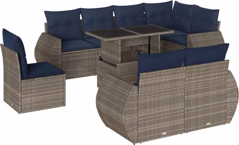 Set Divani da Giardino 9 pz con Cuscini Grigio in Polyrattan
