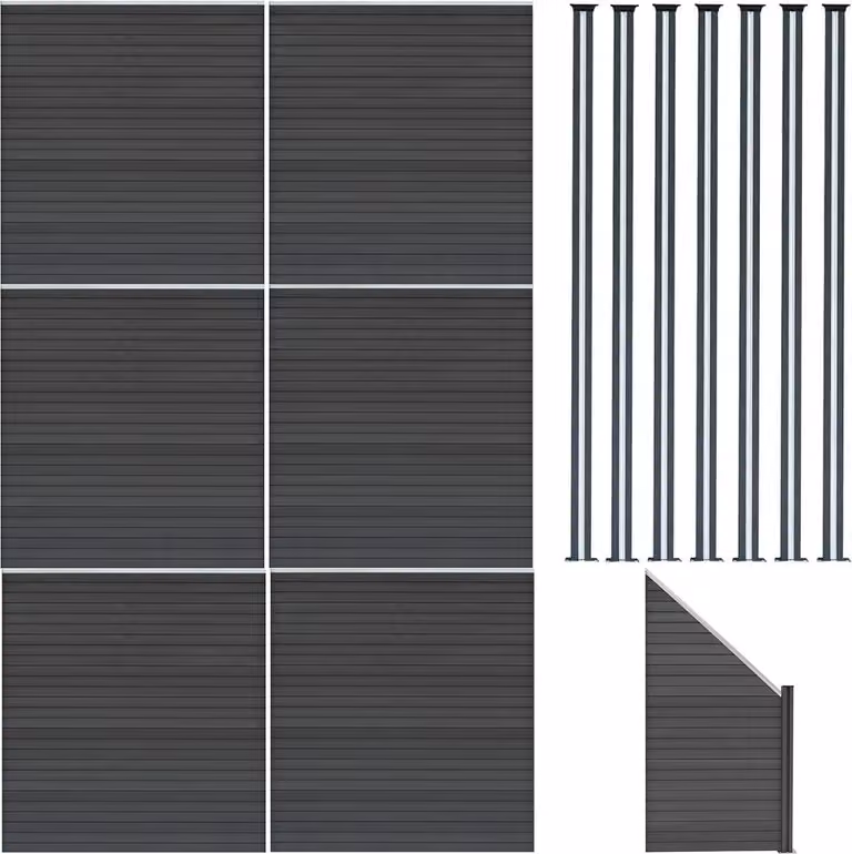 Pannelli divisori in legno-plastica (WPC), 6 pezzi; elemento angolare, 1 pezzo; pali per recinzione con illuminazione a LED, 7 pezzi - colore grigio