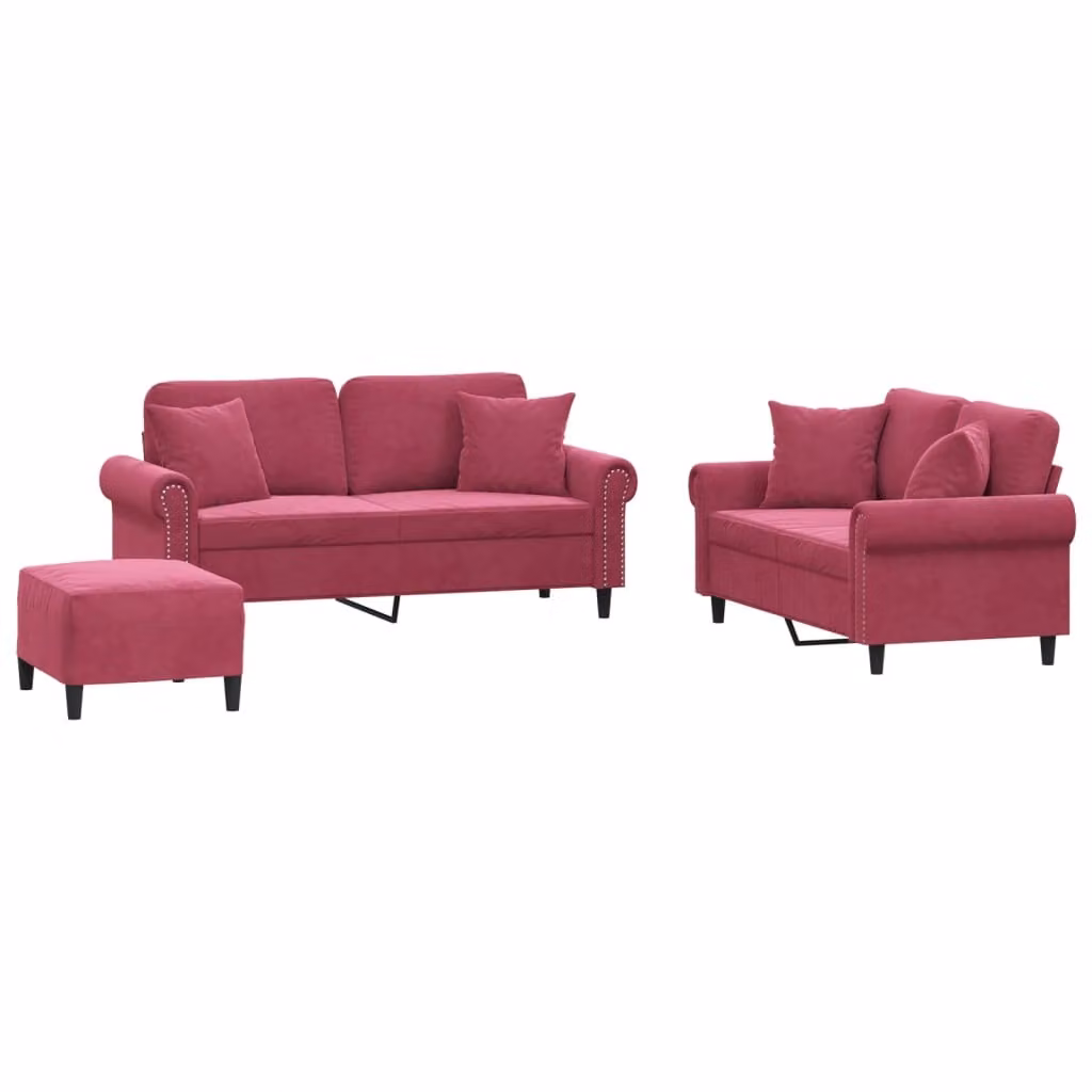 Set di Divani 3 pz con Cuscini Rosso Vino in Velluto