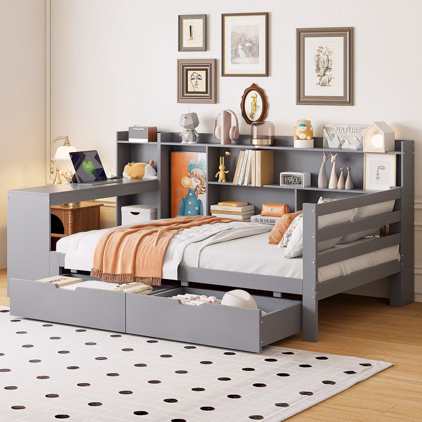 STILVORA divano letto con scrivania e libreria, letto da giorno con mensole e presa di corrente, letto per ragazzi in legno con 2 vani portaoggetti, senza materasso, grigio
