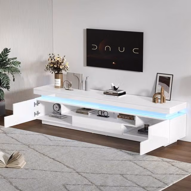 Mobile porta TV con LED, 2 ante, 1 cassetto e vano aperto, in pannello truciolare bianco, 175 × 38 × 45 cm