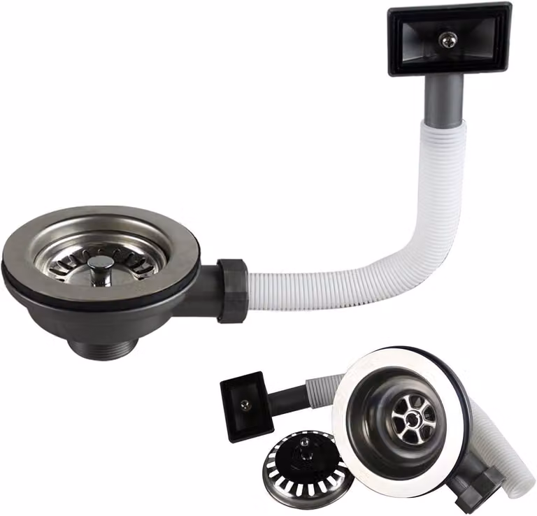 Valvola per sifone con griglia - Acciaio inossidabile con troppofilo - 114 mm - Sifone - Lavello da cucina con troppofilo - Lavello da cucina - Kit di scarico - Sifone per lavello