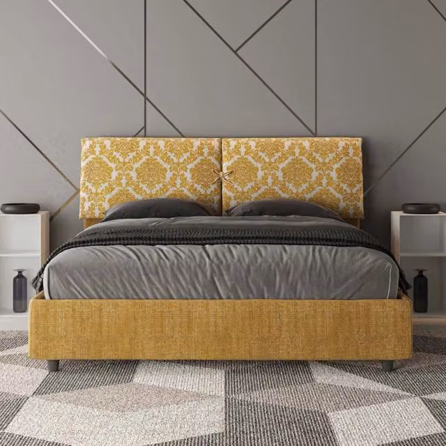 Letto matrimoniale contenitore Mados con doppia alzata imbottito in tessuto Agata giallo L 160 cm x P 210 cm