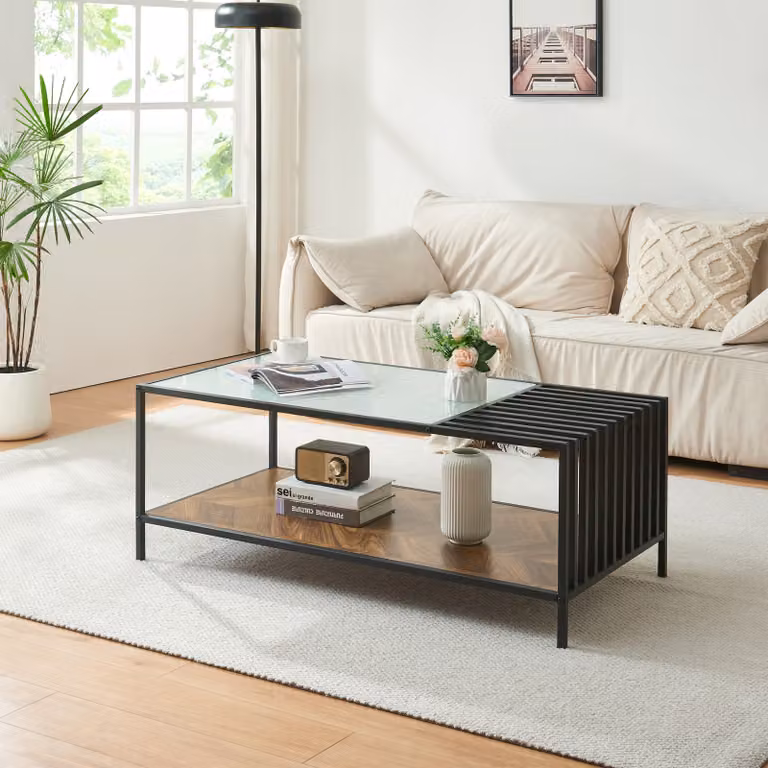 Tavolino da salotto 'Pärghos' piano in vetro 120 x 60 x 45 cm look nero/quercia, scuro