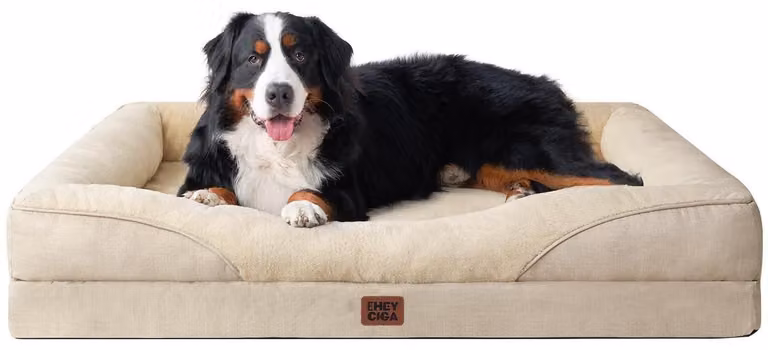 Cuccia ortopedica per cani con 4 bordi, dimensioni 132x104 cm, colore beige, realizzata in memory foam, con rivestimento lavabile
