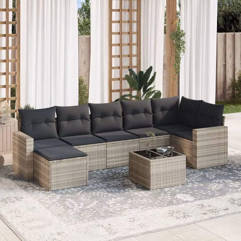 Set Divano da Giardino 8pz vidaXL in Polyrattan Grigio con Cuscini e Tavolino da Esterno a Forma di L