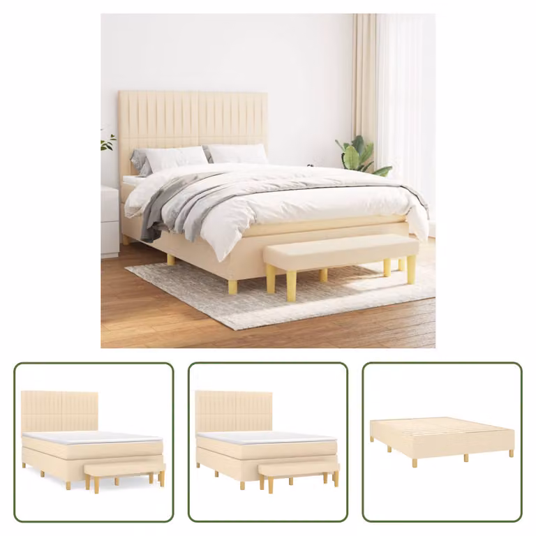 The Living Store Letto a molle con materasso crema 140x190 cm in tessuto