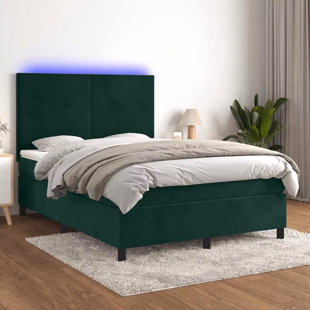 Letto Ibrido con Materasso e Illuminazione LED vidaXL in Velluto Verde Scuro L: 140 cm, P: 200 cm, H: 203 cm – 1