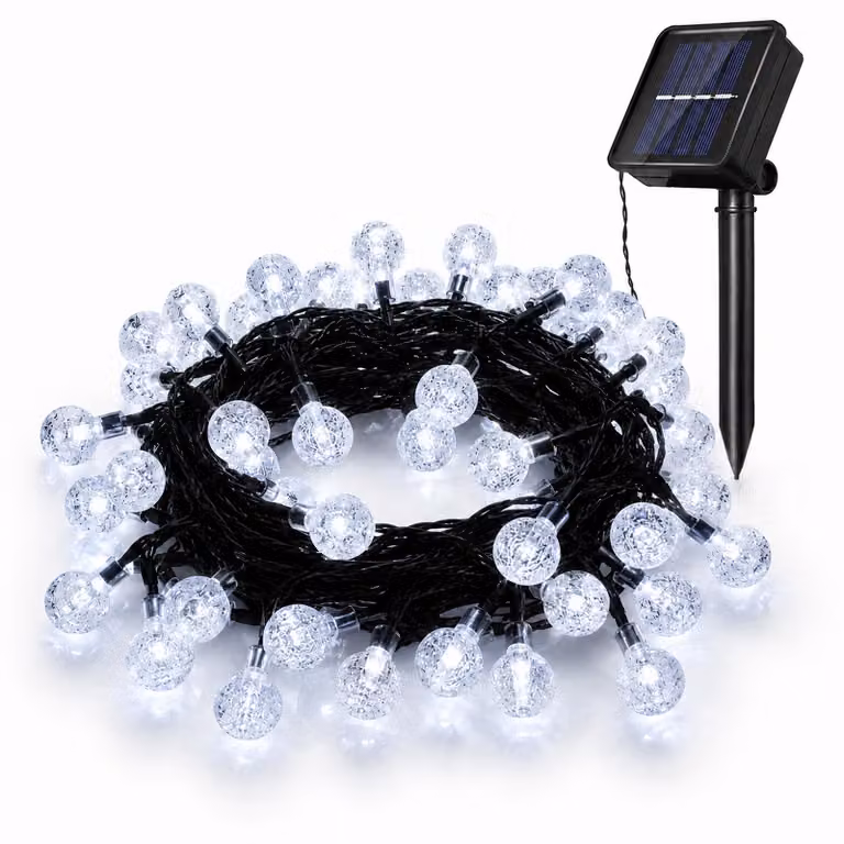 Catena luminosa solare per esterni, 9,5 metri, 50 LED, sfere di cristallo, 8 modalità, luce bianca fredda, accensione/spegnimento automatico, ideale per decorare giardino, terrazza, balcone, per Natale o per feste