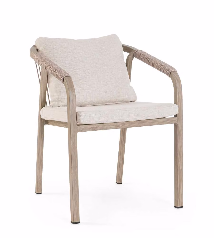 Sedia con braccioli Bizzotto Kalimera in alluminio verniciato opaco con intreccio in corda e cuscini beige in poliestere resistente ai raggi UV