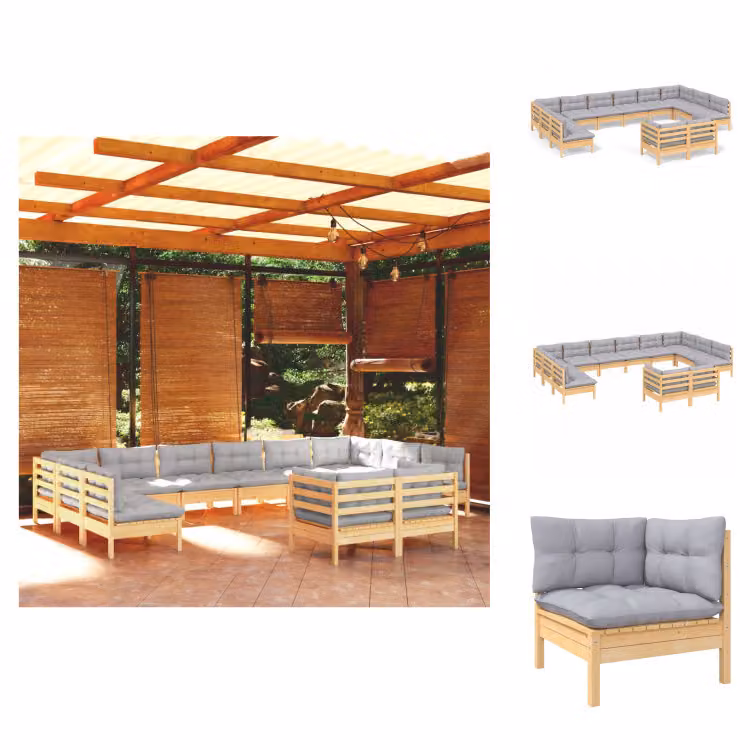 vidaXL Set di 12 pezzi da giardino con cuscini grigi in pino massiccio - Set di mobili da giardino
