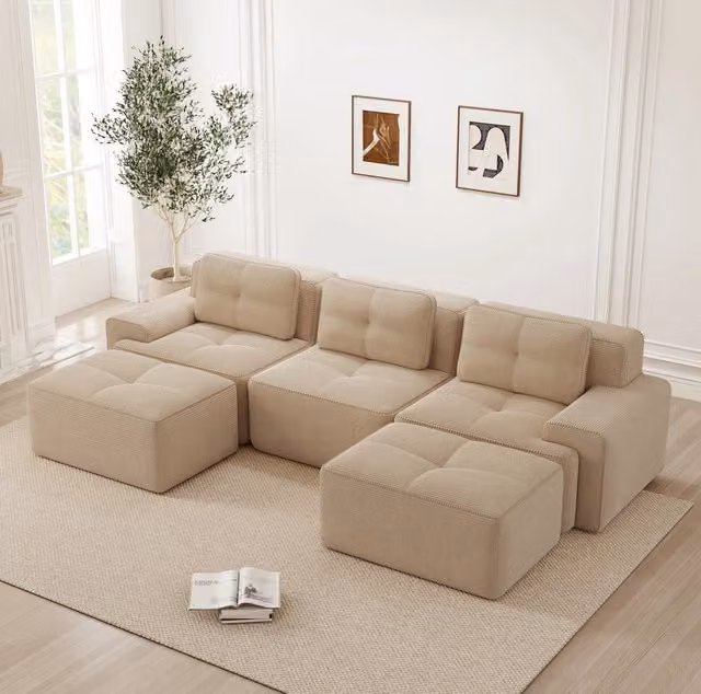 Divano modulare senza struttura in velluto a coste; 293×177×69 cm; beige
