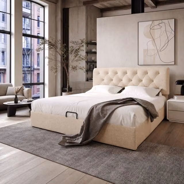 Letto matrimoniale imbottito MODFU con contenitore e materasso beige L/P: 160 x 200 cm