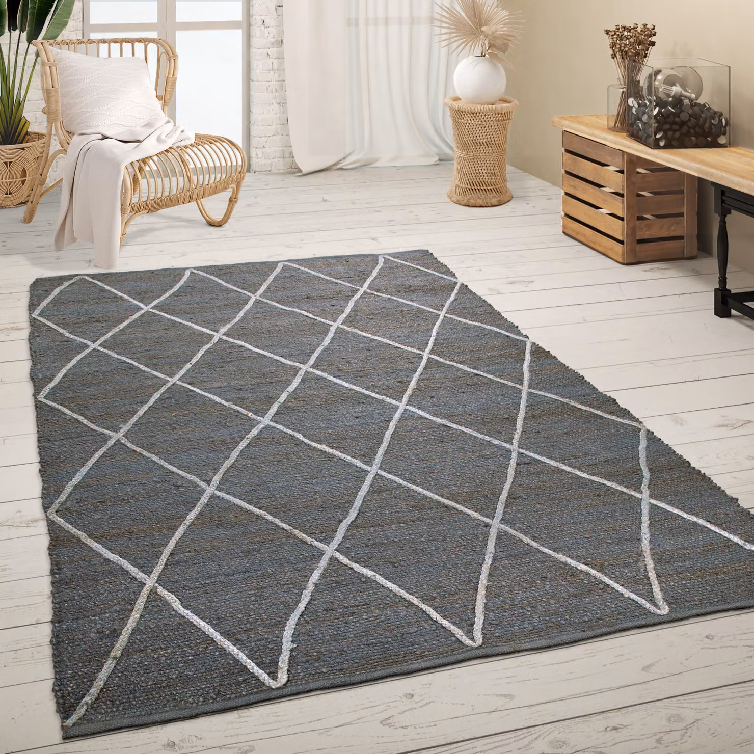 Tappeto in iuta Sakira antracite con motivo a rombi stile boho L: 150 cm, P: 80 cm – 2