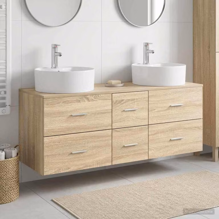 Set di mobili per il bagno moderno vidaXL composto da 3 pezzi in legno e metallo, colore beige e marrone con dettagli argento, L/P/H: 129,0 x 44,5 x 82,0 cm
