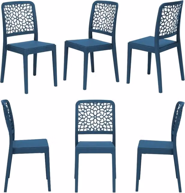 Set 6 sedie in polipropilene TICHE, 100% MADE IN ITALY, impilabile, idrorepellente, resistenza raggi UV, design moderno floreale per sala da pranzo, cucina, bar, ristoranti, esterno, colore Petrolio