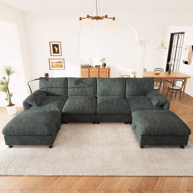 Divano modulare a U o L per 6 7 persone; 273;5 x 133 x 81 cm; ciniglia verde